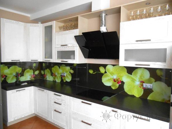 Фартук для кухни фото: желтые орхидеи на черном фоне., заказ #S-199, Белая кухня.
