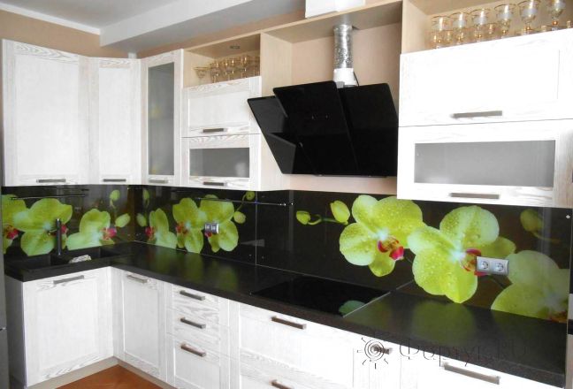 Фартук для кухни фото: желтые орхидеи на черном фоне., заказ #S-199, Белая кухня. Изображение 111314