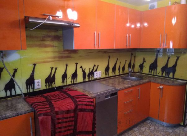 Фартук стекло фото: жирафы, заказ #ИНУТ-3472, Оранжевая кухня.