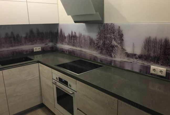 Стеновая панель фото: зимний лес, заказ #КРУТ-1846, Серая кухня.