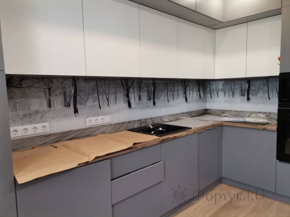 Стеновая панель фото: зимний лес, заказ #ИНУТ-10749, Серая кухня.