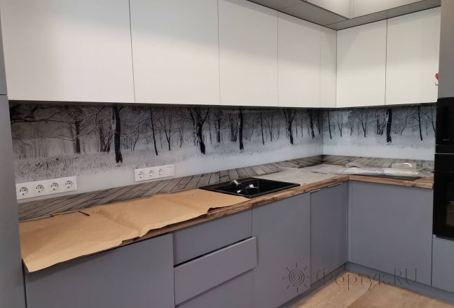 Стеновая панель фото: зимний лес, заказ #ИНУТ-10749, Серая кухня.