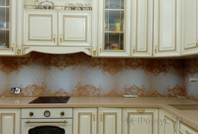 Фартук для кухни фото: золотистый узор, заказ #ИНУТ-363, Белая кухня.