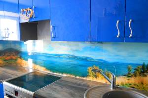 Стеклянная фото панель: вид на море., заказ #SK-102, Синяя кухня.
