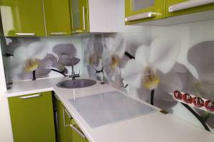 Скинали для кухни фото: крупные орхидеи, заказ #ИНУТ-5582, Зеленая кухня.