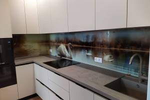 Фартук с фотопечатью фото: лебеди на воде, заказ #ИНУТ-6003, Коричневая кухня.