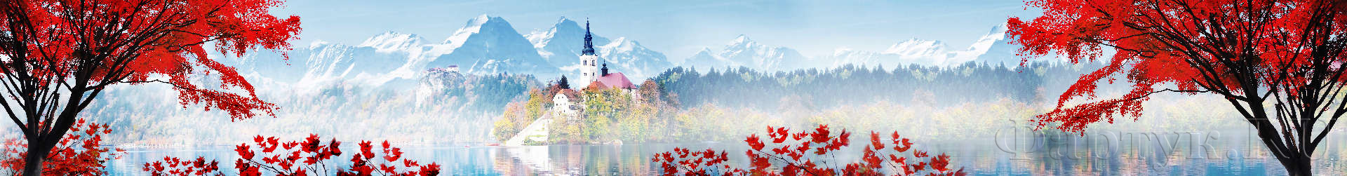 Сказочный замок на фоне природы и гор в ярких цветах