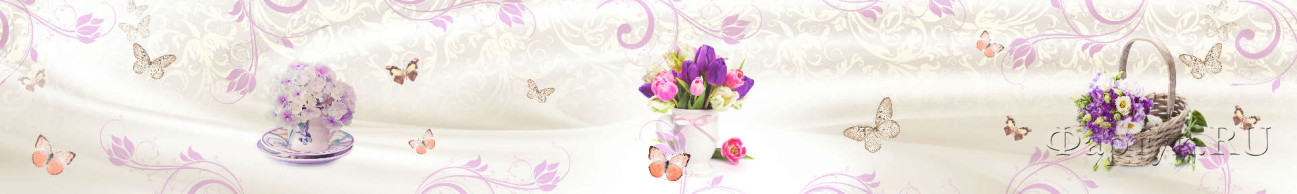 Скинали — Фиолетовые цветы на бежевом фоне с бабочками.