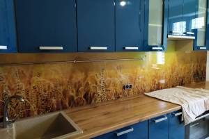 Стеклянная фото панель: пшеничное поле, заказ #ИНУТ-4150, Синяя кухня.