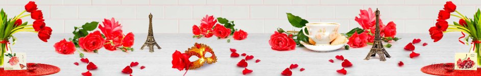 Скинали — Красные розы и тюльпаны на фоне кирпичной стены 