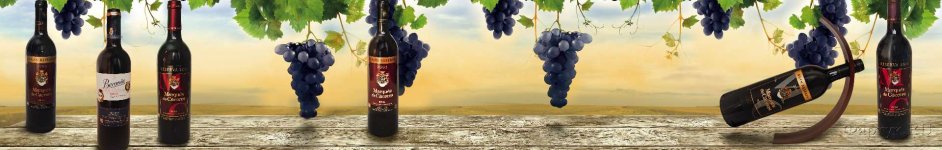 Скинали — Бутылки вина, виноград на деревянном столе
