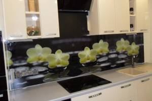 Фартук для кухни фото: желтые орхидеи, заказ #S-1414, Белая кухня.
