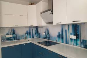 Стеклянная фото панель: синие узоры, заказ #ИНУТ-10113, Синяя кухня.