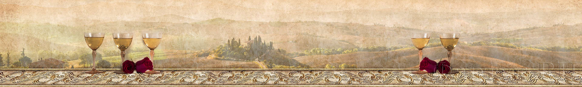 Бокалы вина на фоне рисованного пейзажа