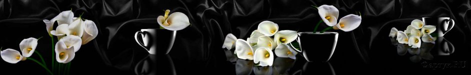 Скинали — Красивые белые каллы на фоне черного шелка
