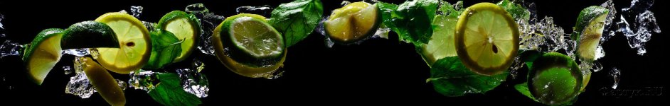 Скинали — Цитрусовые фрукты на черном фоне в брызгах воды 