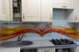 Фартук для кухни фото: абстракция в оранжевых тонах., заказ #S-787, Белая кухня.