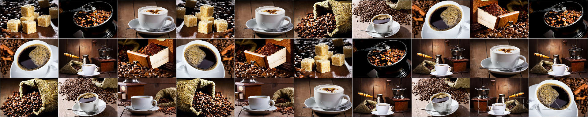 Чашки кофе, кофейные зерна, кусочки сахара